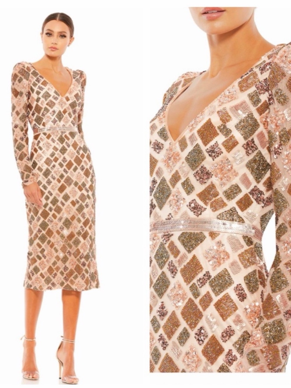 MAC DUGGAL Geo Embellished Midi Sheath Cocktail Dress NEW Size 12 Peach